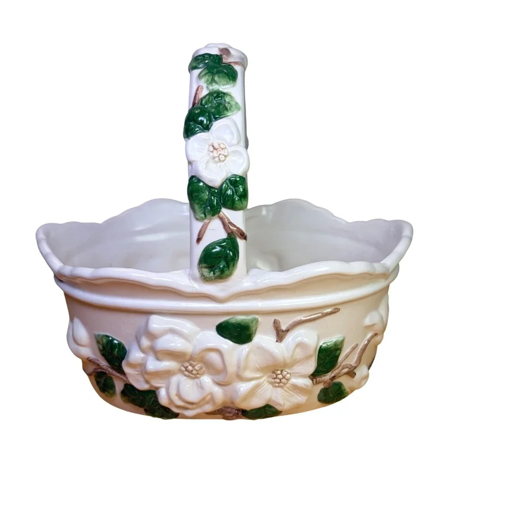 Napco Ceramic Magnolia Flower Basket Planter Vase White Green Rare Retro Vintage